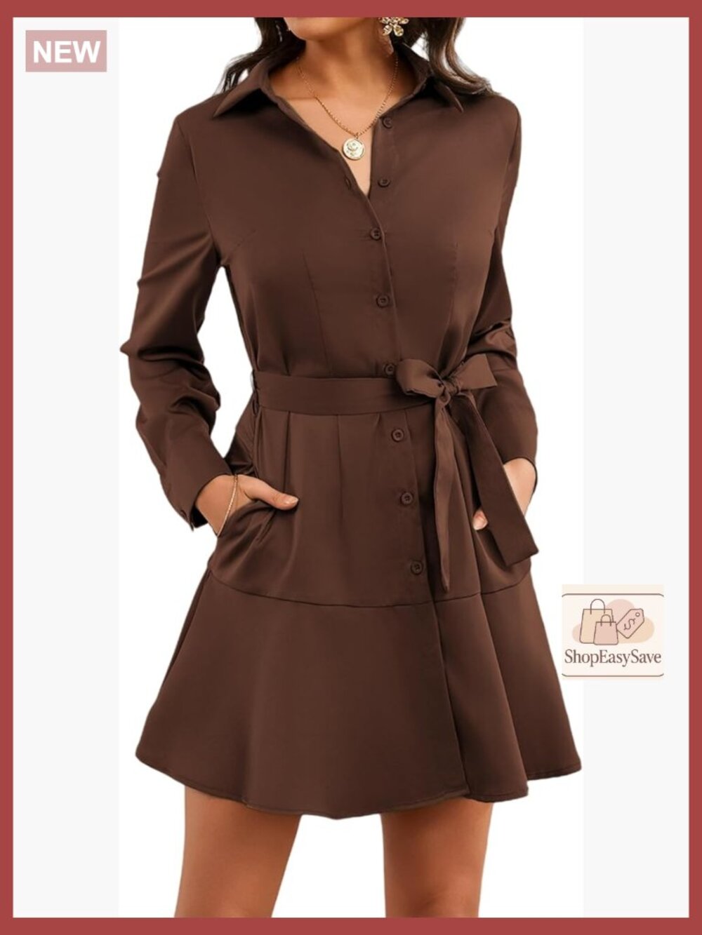 Long Sleeve Midi Shirt Dress Elegant Button Up Belted Work Office Chic